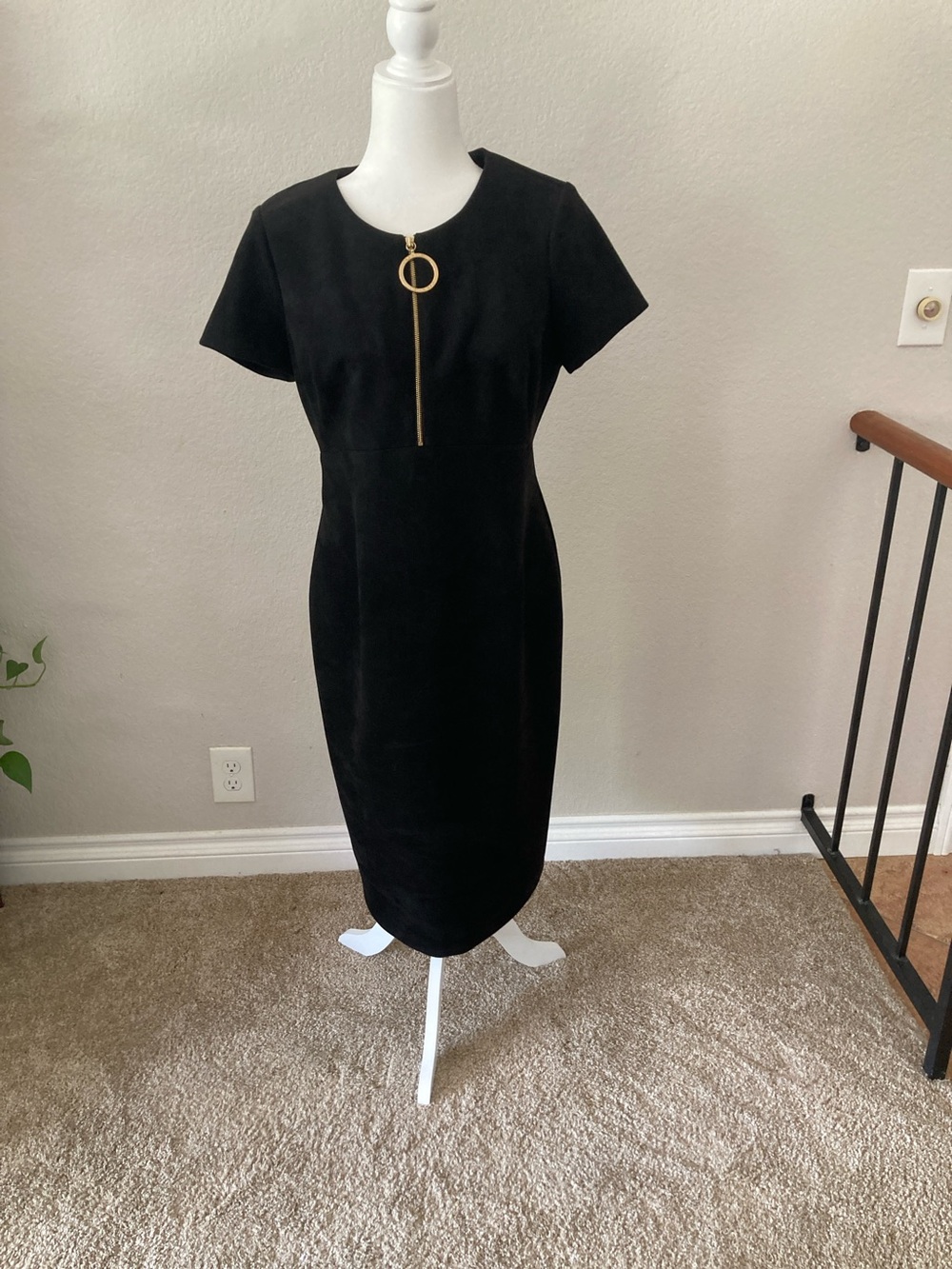 Classic Black Midi Dress with Gold Ring Zip